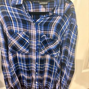 Express Navy and Pink Plaid Shirt